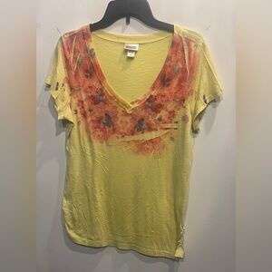 Mossimo Supply Co. Yellow and Orange Floral V-Neck Tee